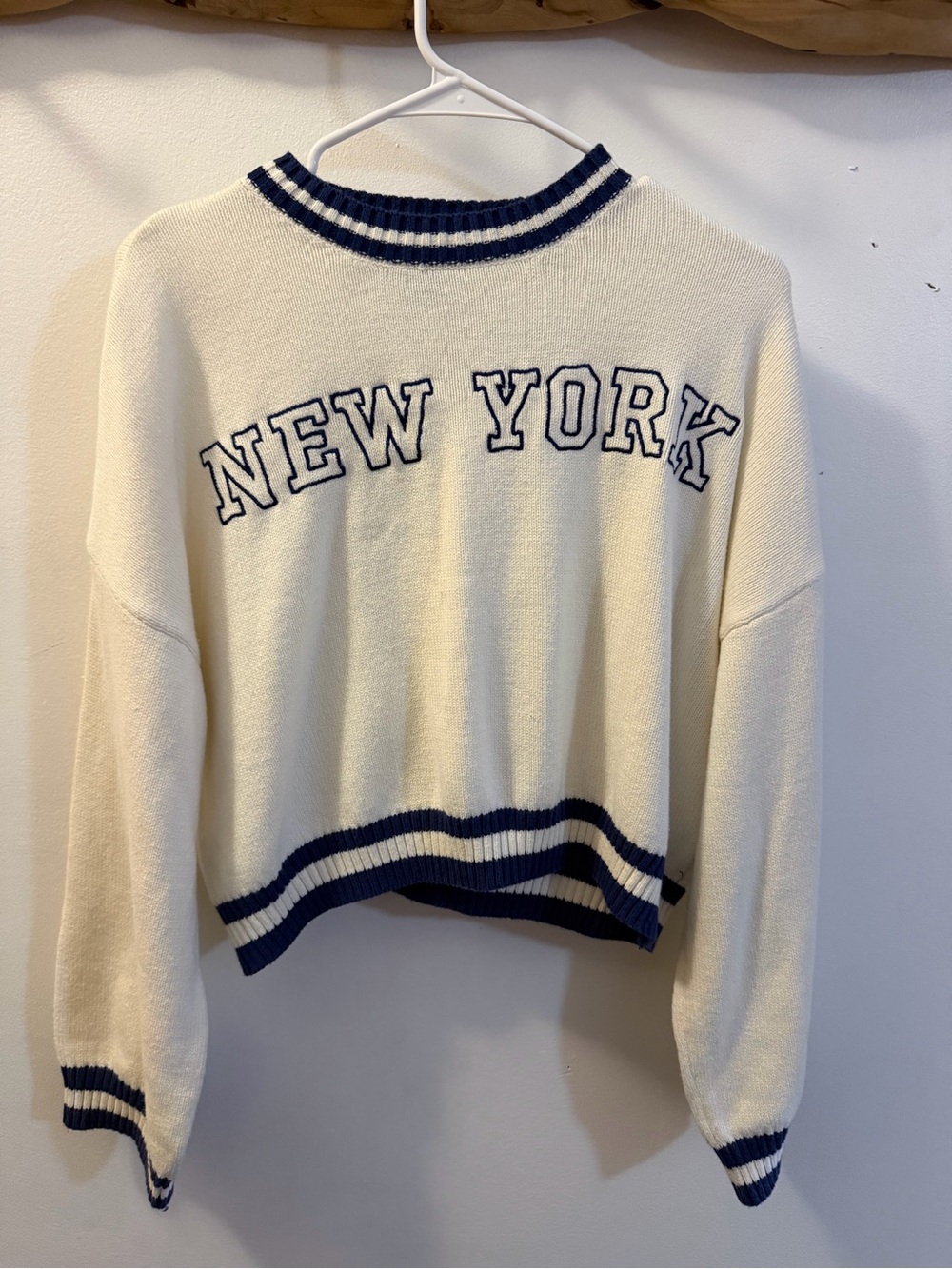 Sincerely Jules Cream Cropped Sweater with Navy Trim